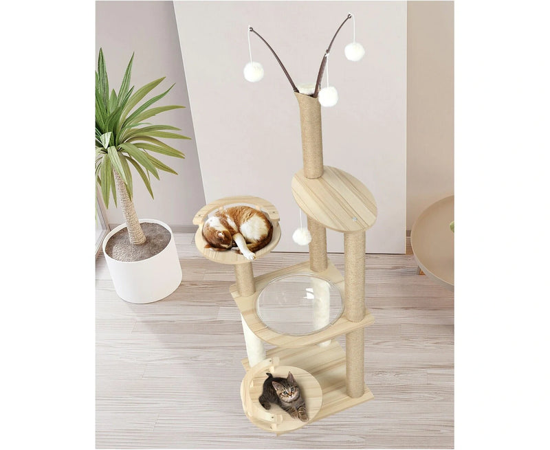 132cm Cat Tree Wooden Cat Tower with Cat Scratching Post and Acrylic Bowl 14v - Cat Factory Au