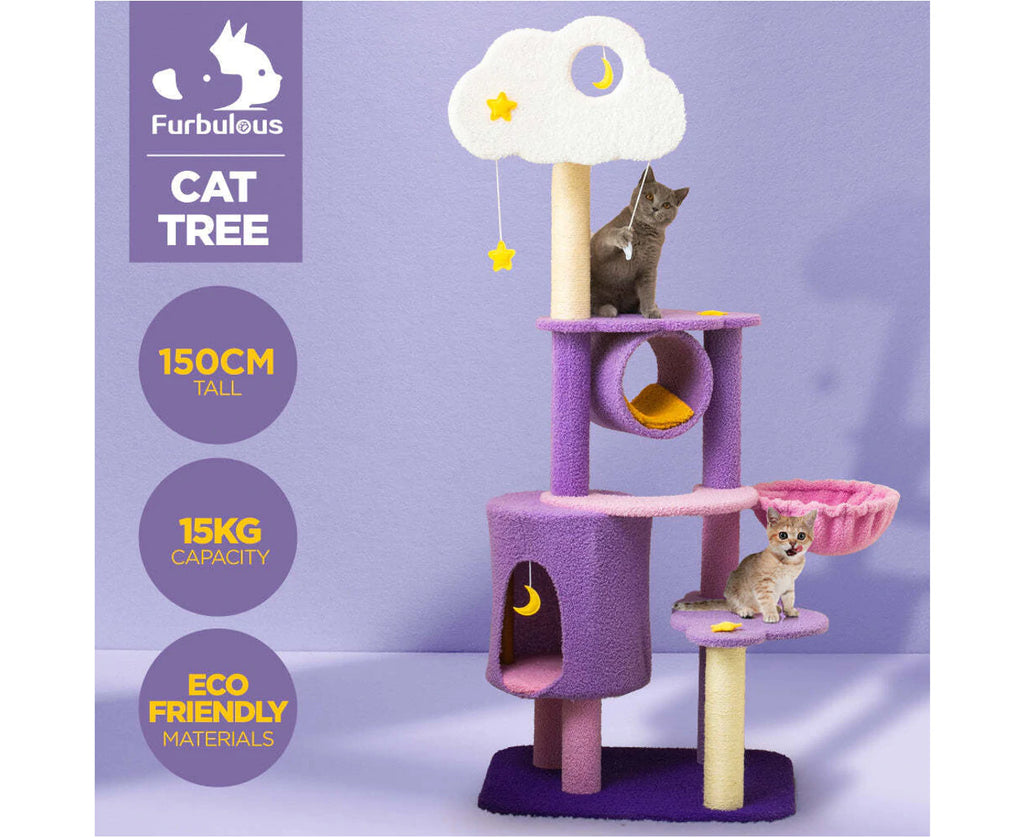 1.5m Cat Tree Scratching Post and Adventure Cat Tower - Star and Moon - Cat Factory Au