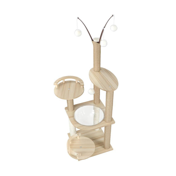 132cm Cat Tree Wooden Cat Tower with Cat Scratching Post and Acrylic Bowl 14v - Cat Factory Au