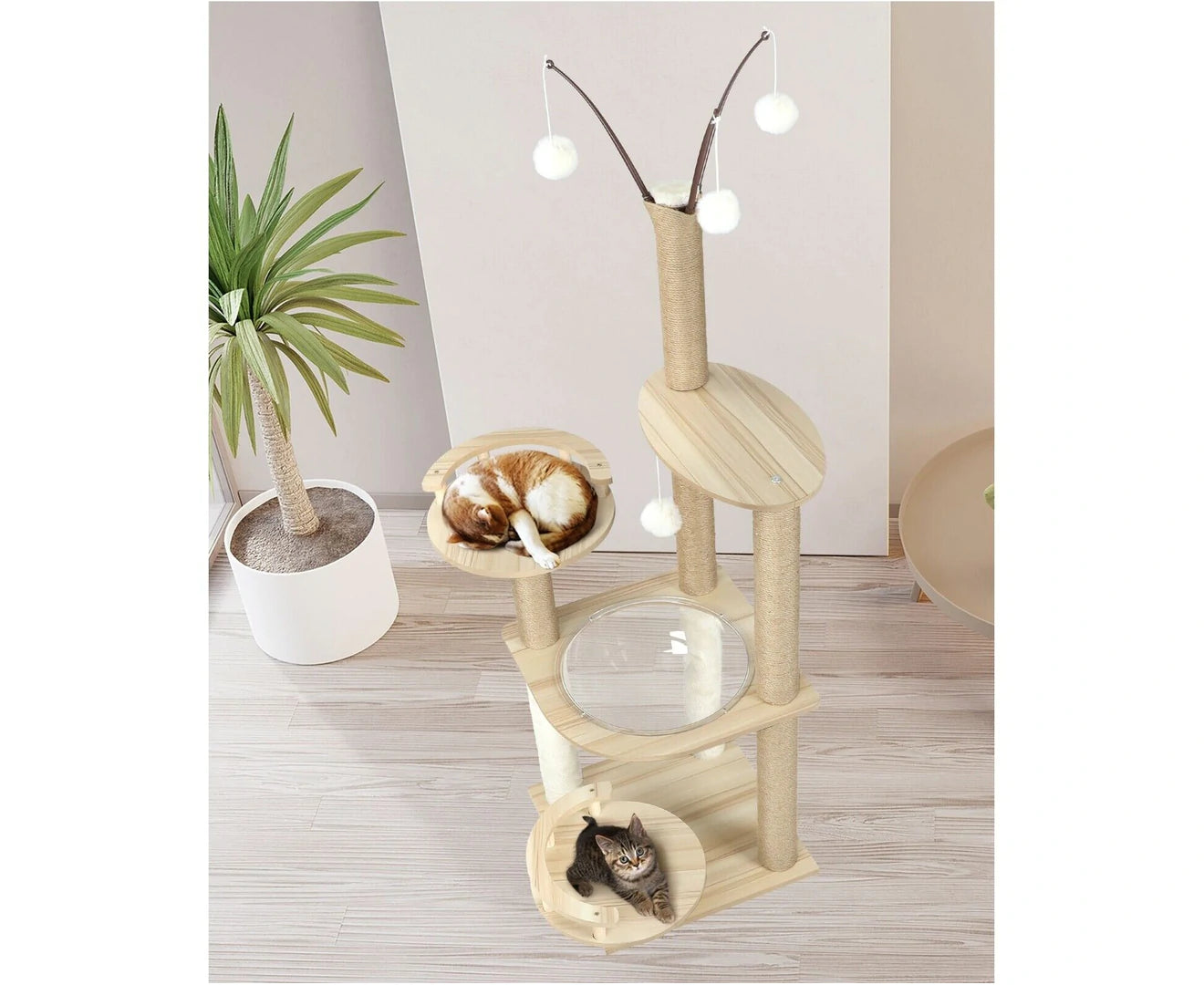 132cm Cat Tree Wooden Cat Tower with Cat Scratching Post and Acrylic Bowl 14v - Cat Factory Au