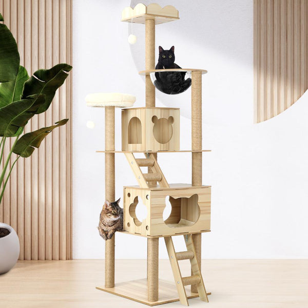 190cm Wooden Cat Tree with Ladder, Cat Condo and Scratching Post Cat Tower 14vgif - Cat Factory Au