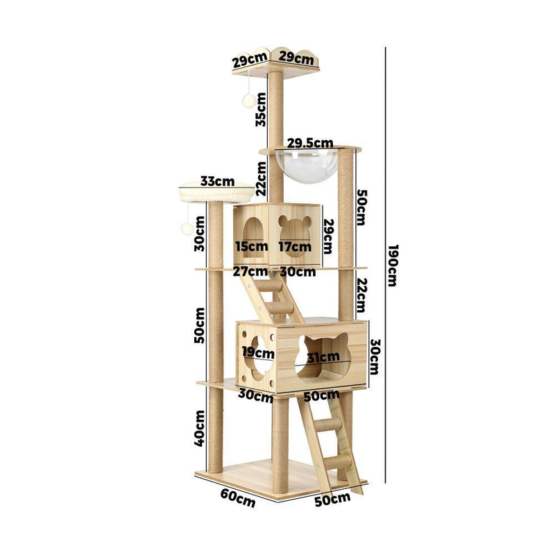190cm Wooden Cat Tree with Ladder, Cat Condo and Scratching Post Cat Tower 14vgif - Cat Factory Au