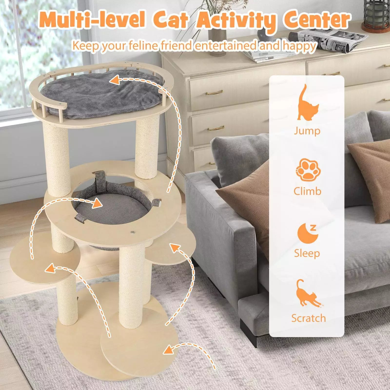 5-level Wooden Cat Tree w/Fully Wrapped Sisal Scratching Posts