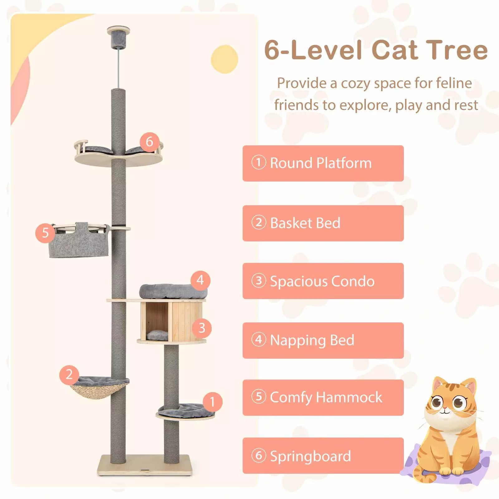 6-Tier Floor-to-Ceiling Cat Tree, 255-280cm Adjustable Height