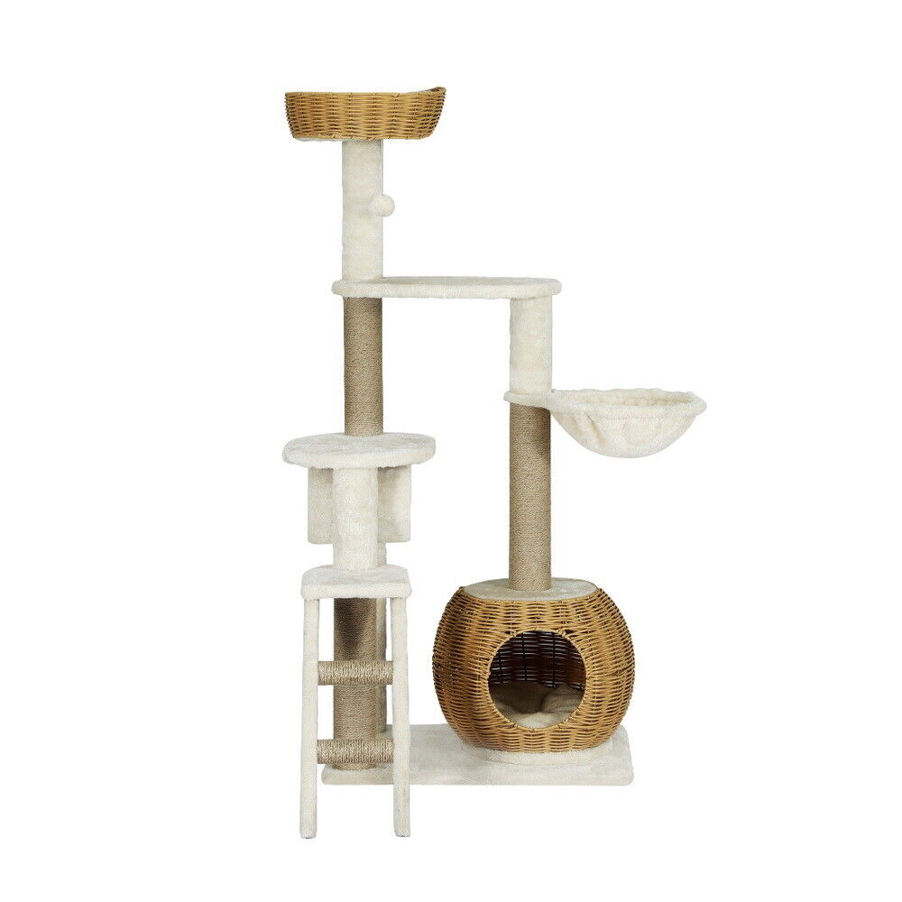 138cm Cat Tree/Tower Scratching Post Wood Bed Condo House Rattan Ladder