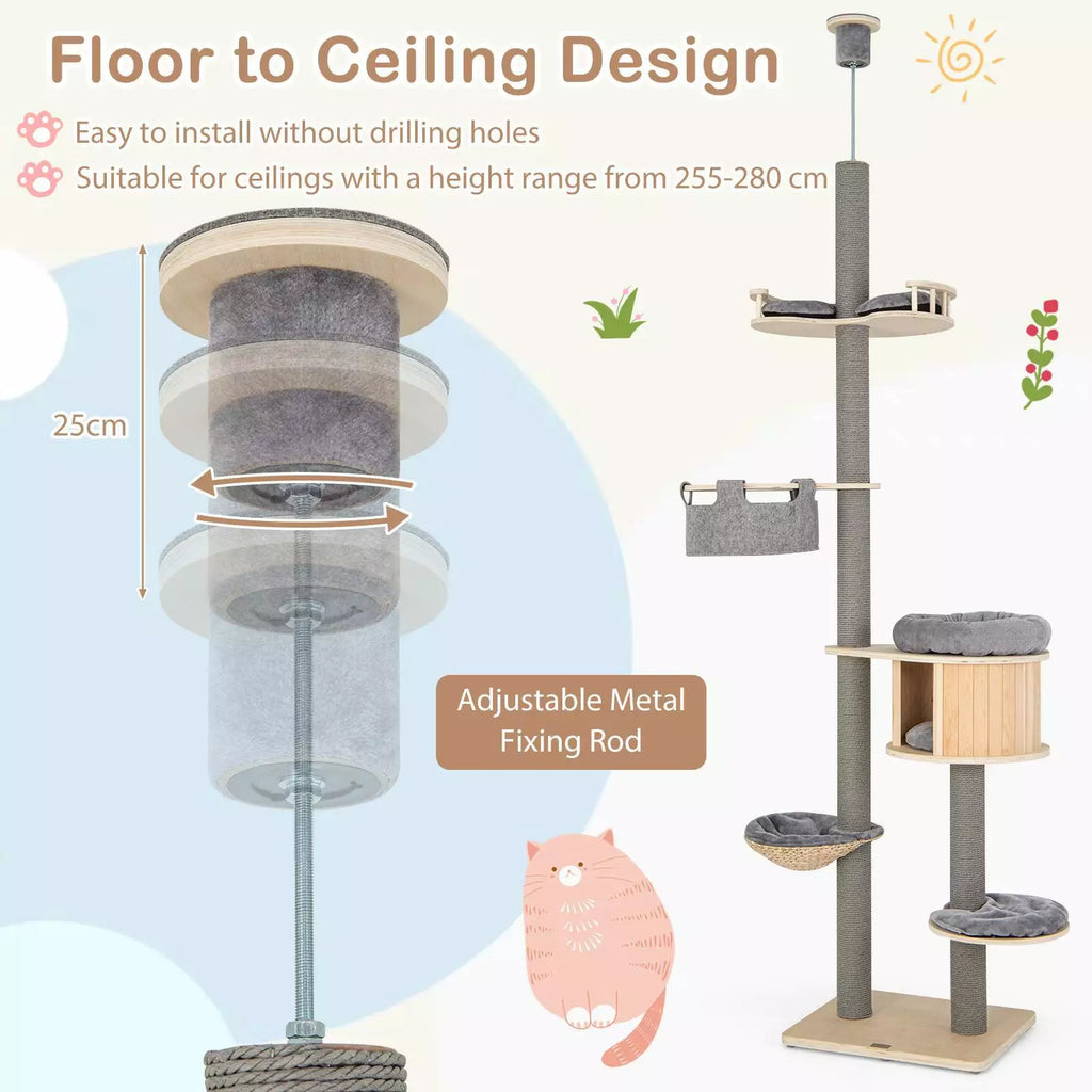 6-Tier Floor-to-Ceiling Cat Tree, 255-280cm Adjustable Height