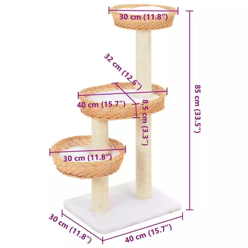 Natural Willow Wood Cat Tree with Sisal Scratching Post