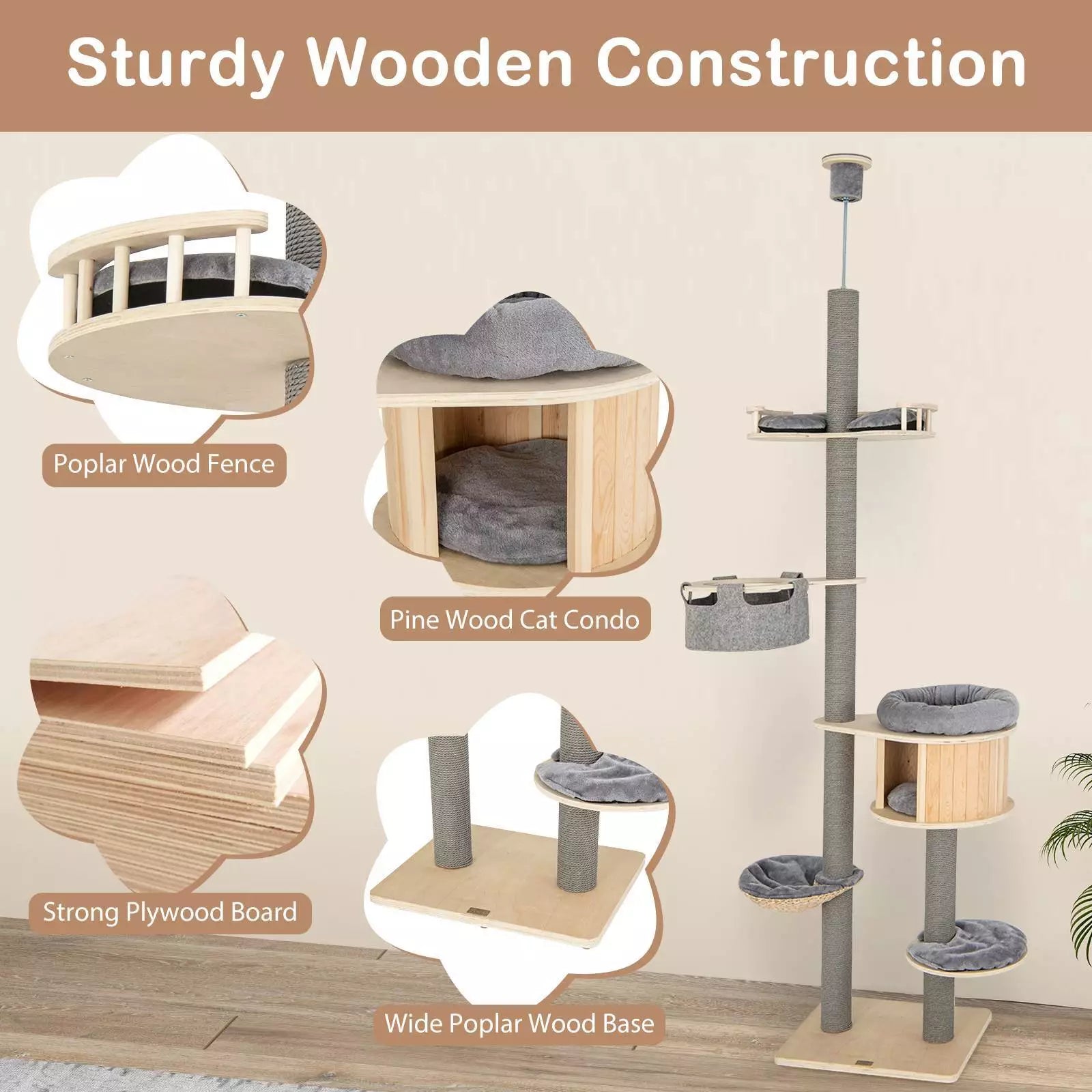 6-Tier Floor-to-Ceiling Cat Tree, 255-280cm Adjustable Height