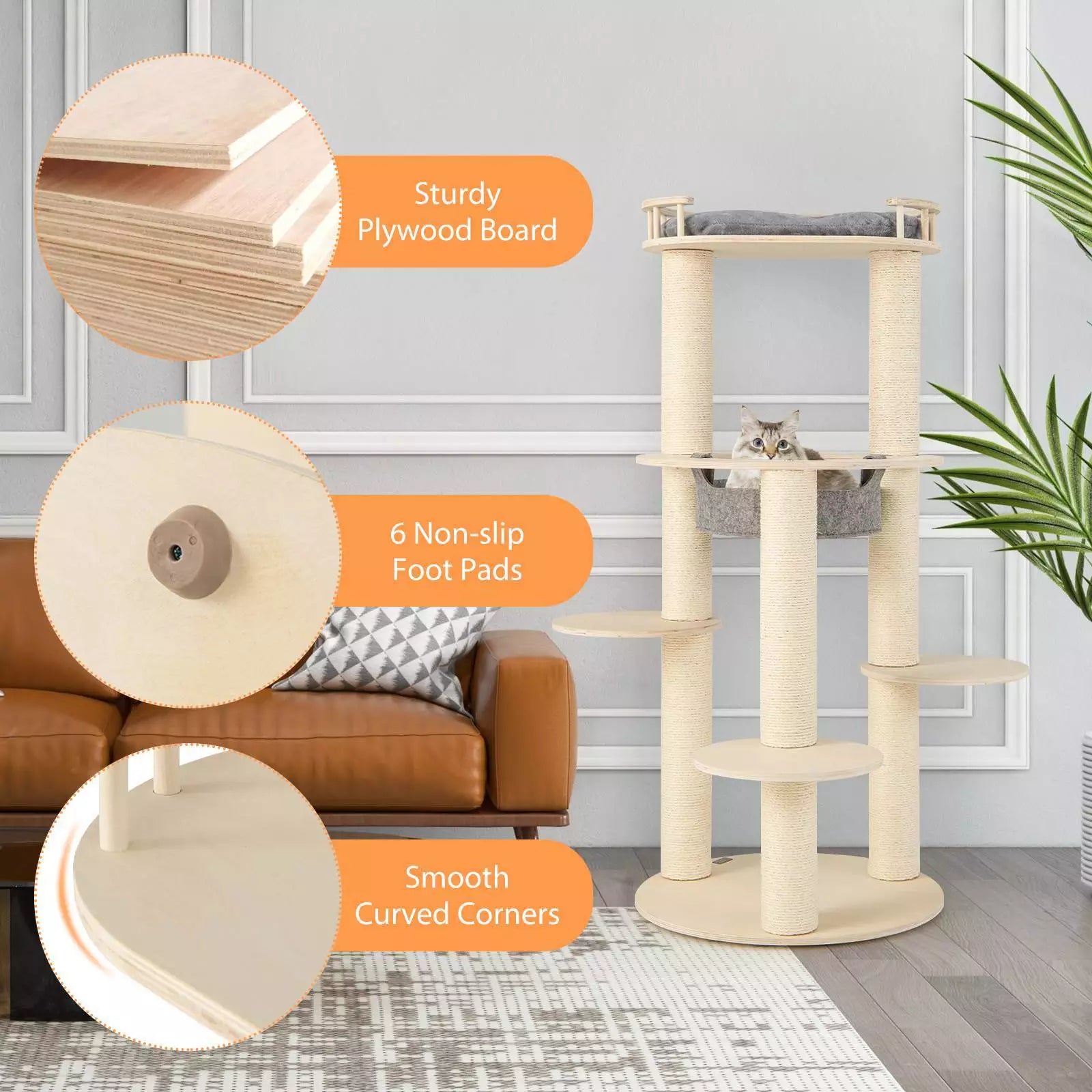 5-level Wooden Cat Tree w/Fully Wrapped Sisal Scratching Posts
