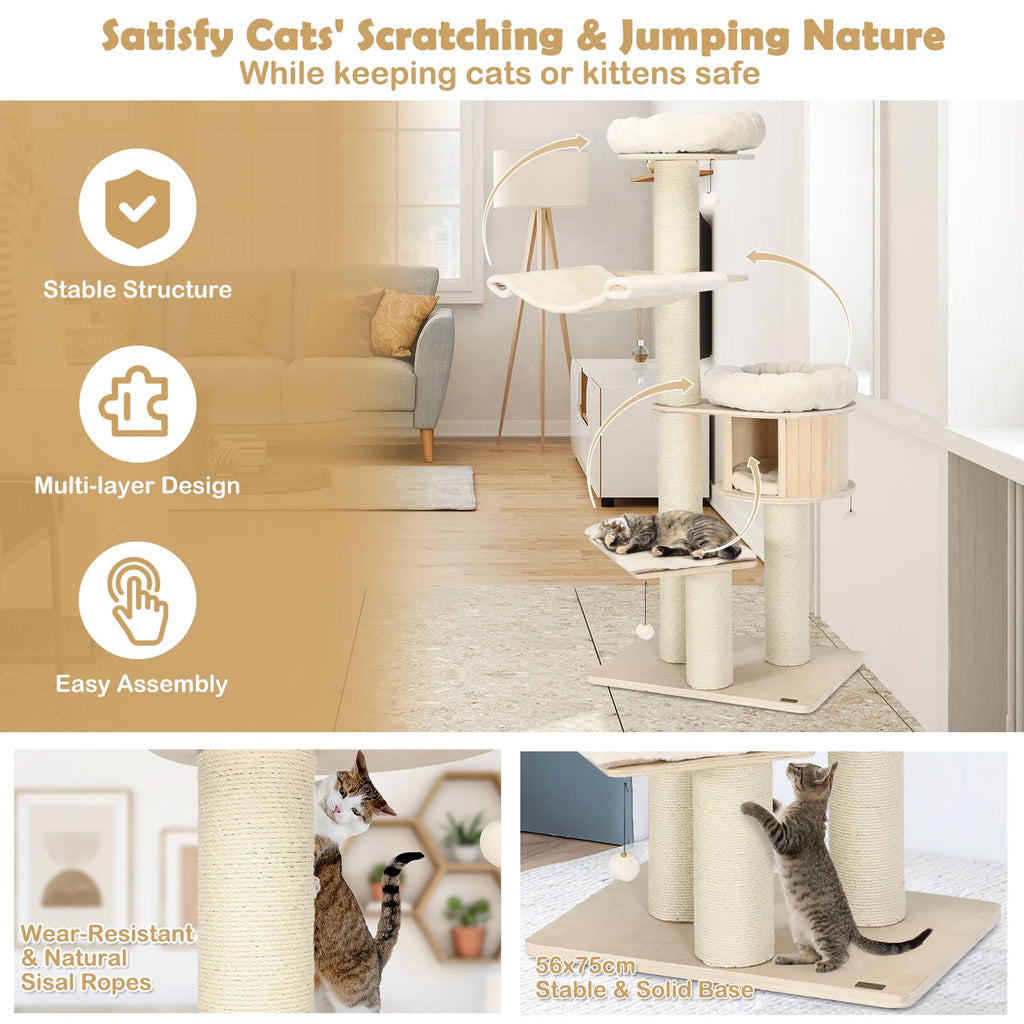 Wooden Cat Tree Scratching Post Scratcher Tower Condo House Cat Climb Furniture