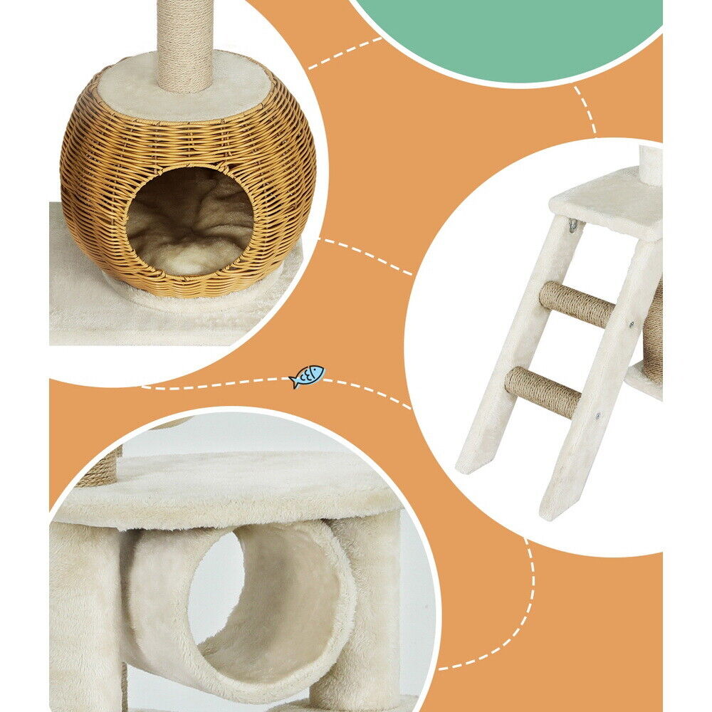 138cm Cat Tree/Tower Scratching Post Wood Bed Condo House Rattan Ladder