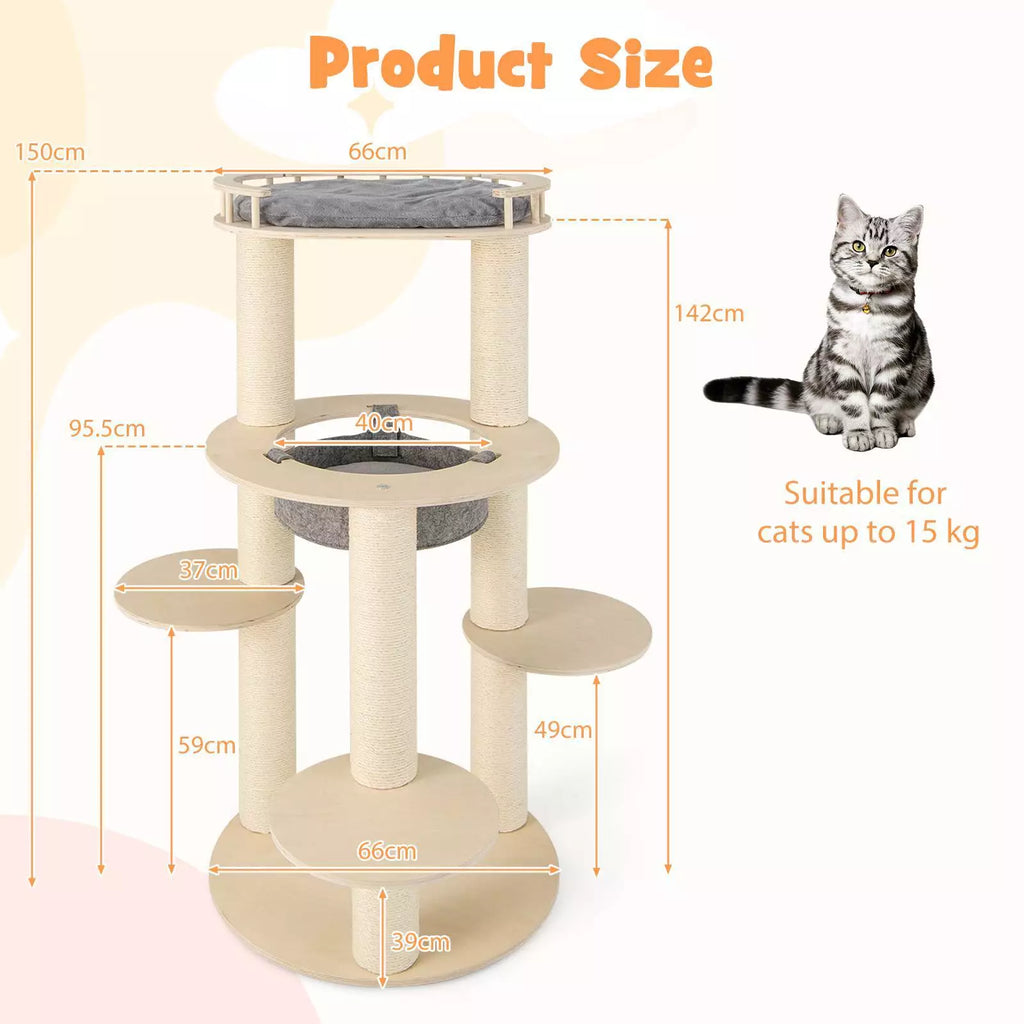 5-level Wooden Cat Tree w/Fully Wrapped Sisal Scratching Posts