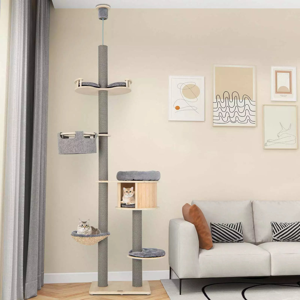 6-Tier Floor-to-Ceiling Cat Tree, 255-280cm Adjustable Height