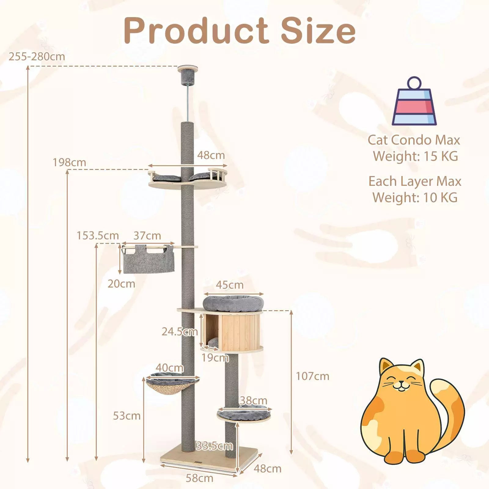 6-Tier Floor-to-Ceiling Cat Tree, 255-280cm Adjustable Height