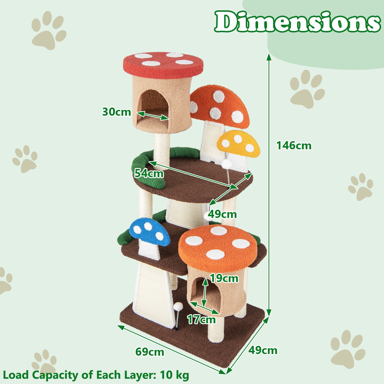 146CM Cat Tree Sisal Scratch Board & Post Padded Perch Hanging Toys Modern