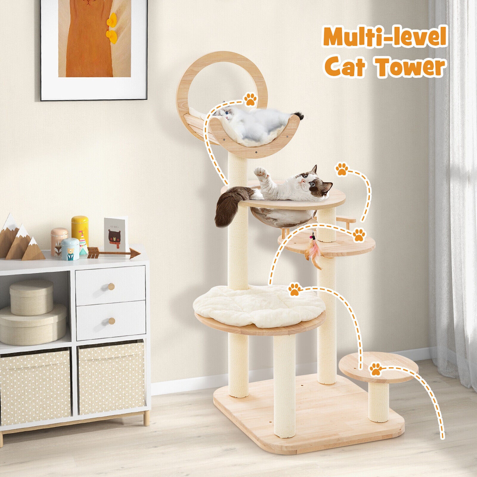 146cm Cat Tree 4-in-1 Large Wooden Cat Tower with Capsule Nest