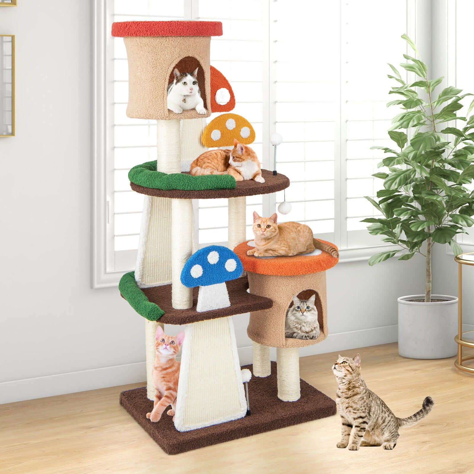 146CM Cat Tree Sisal Scratch Board & Post Padded Perch Hanging Toys Modern