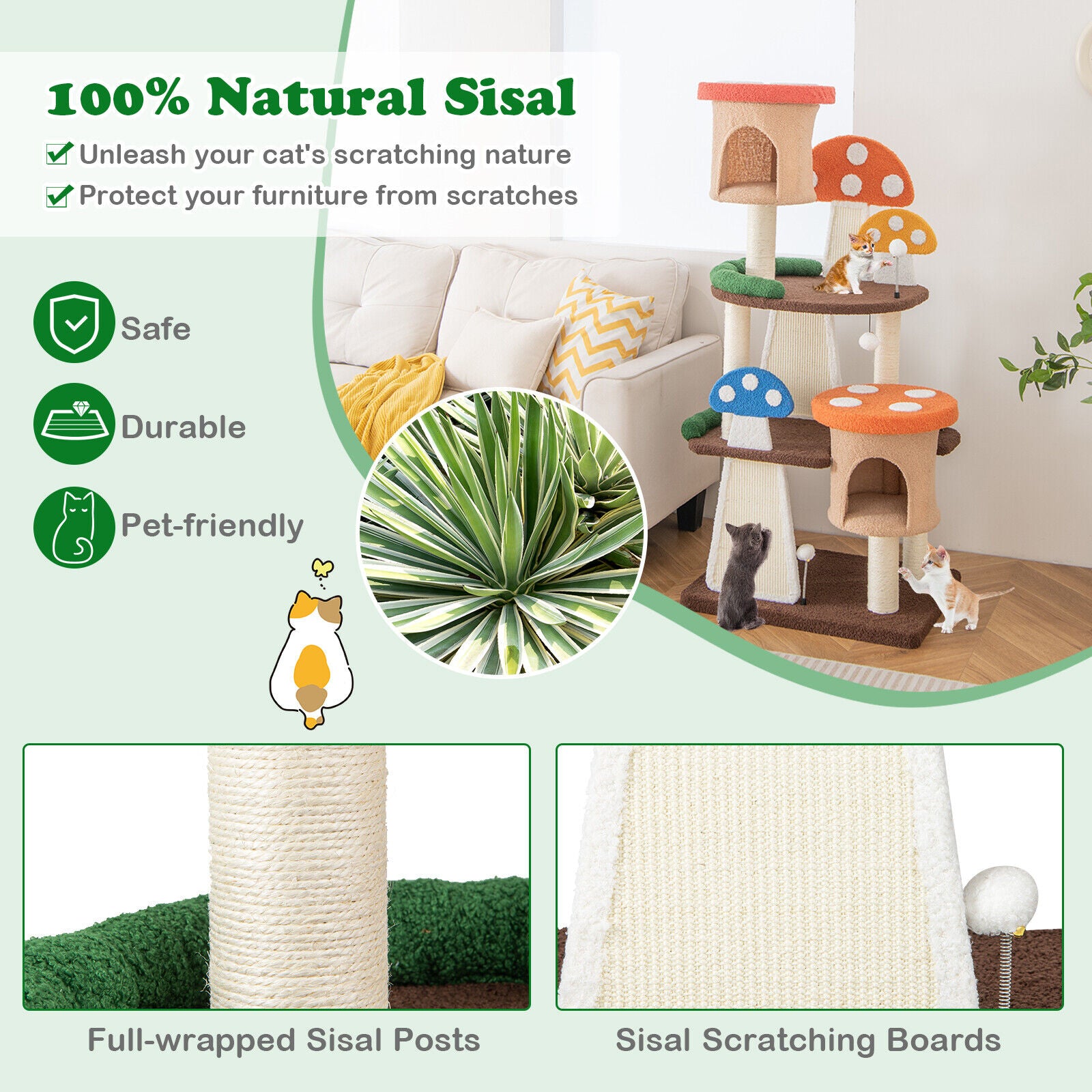 146CM Cat Tree Sisal Scratch Board & Post Padded Perch Hanging Toys Modern