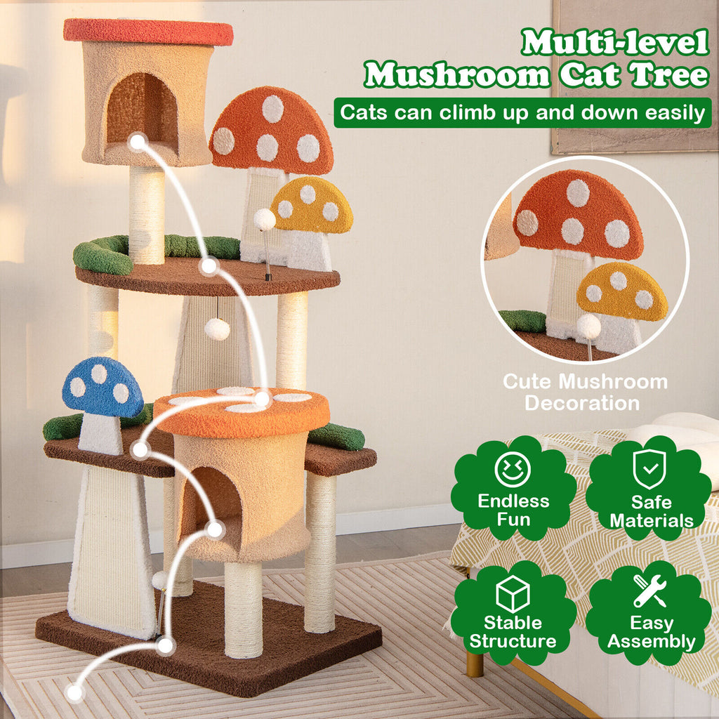 146CM Cat Tree Sisal Scratch Board & Post Padded Perch Hanging Toys Modern