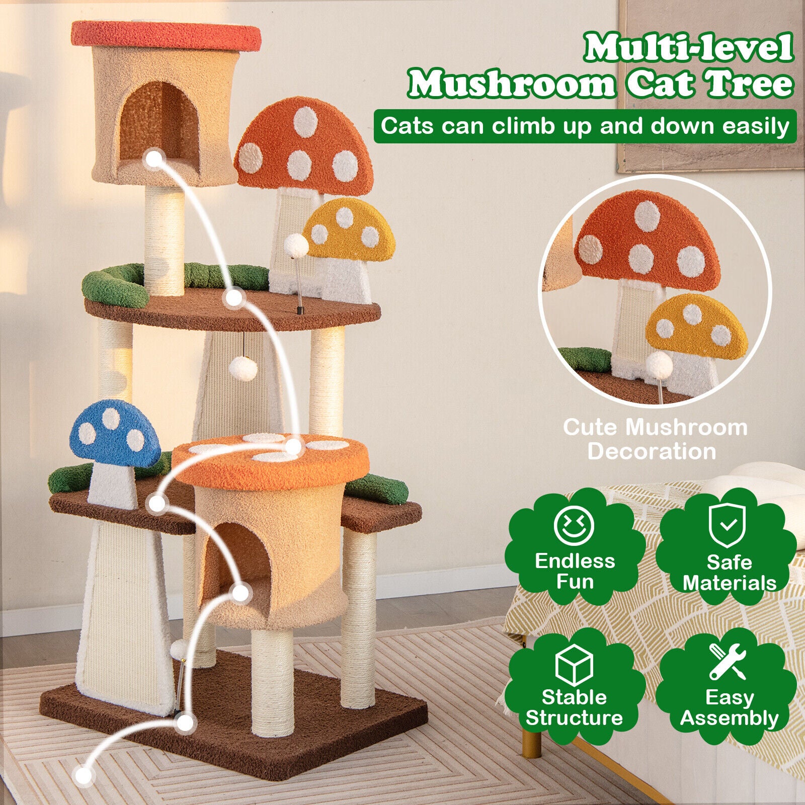 146CM Cat Tree Sisal Scratch Board & Post Padded Perch Hanging Toys Modern