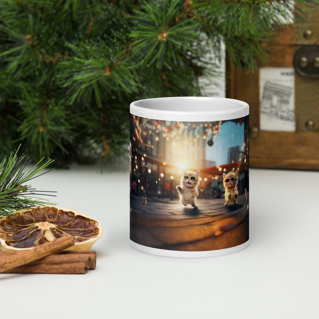 White glossy mug - "City Groove & Uncle Paws" - Cat Factory Au