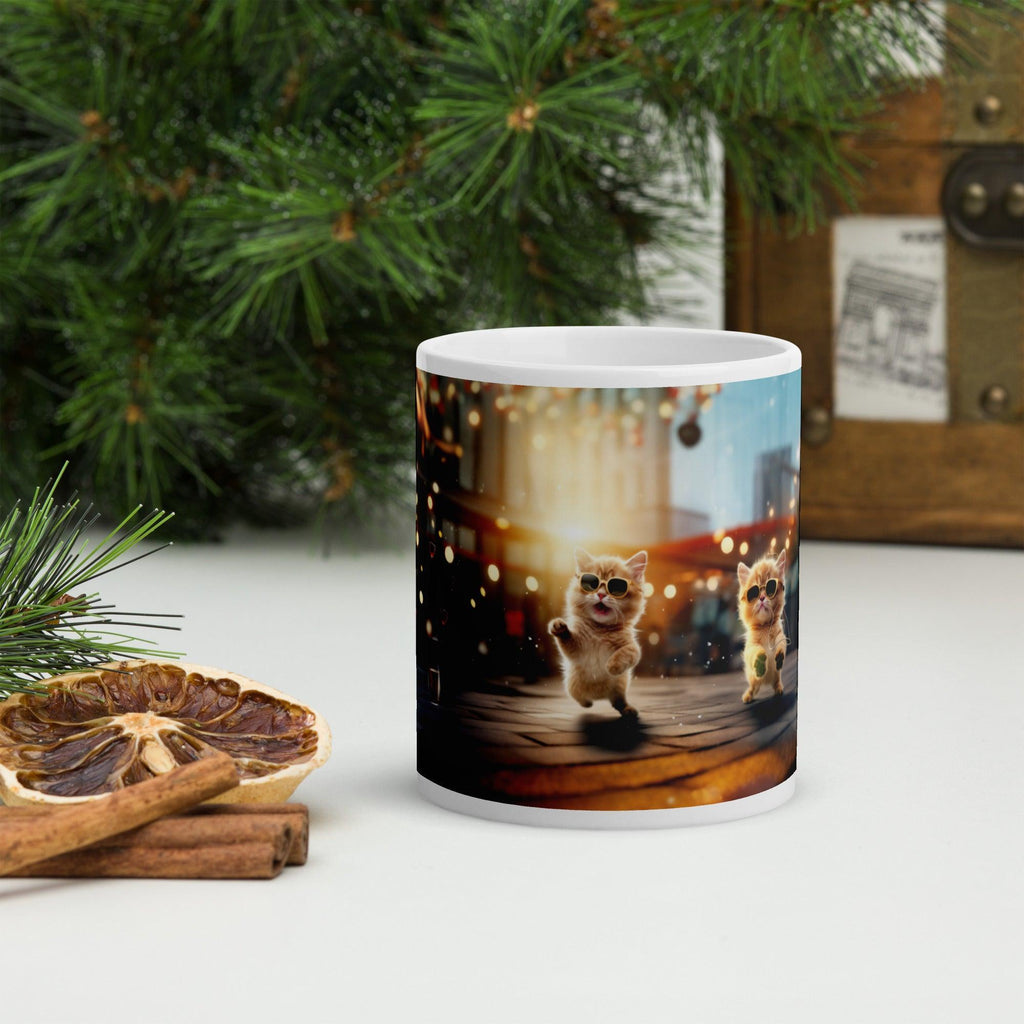 White glossy mug - "City Groove & Uncle Paws" - Cat Factory Au