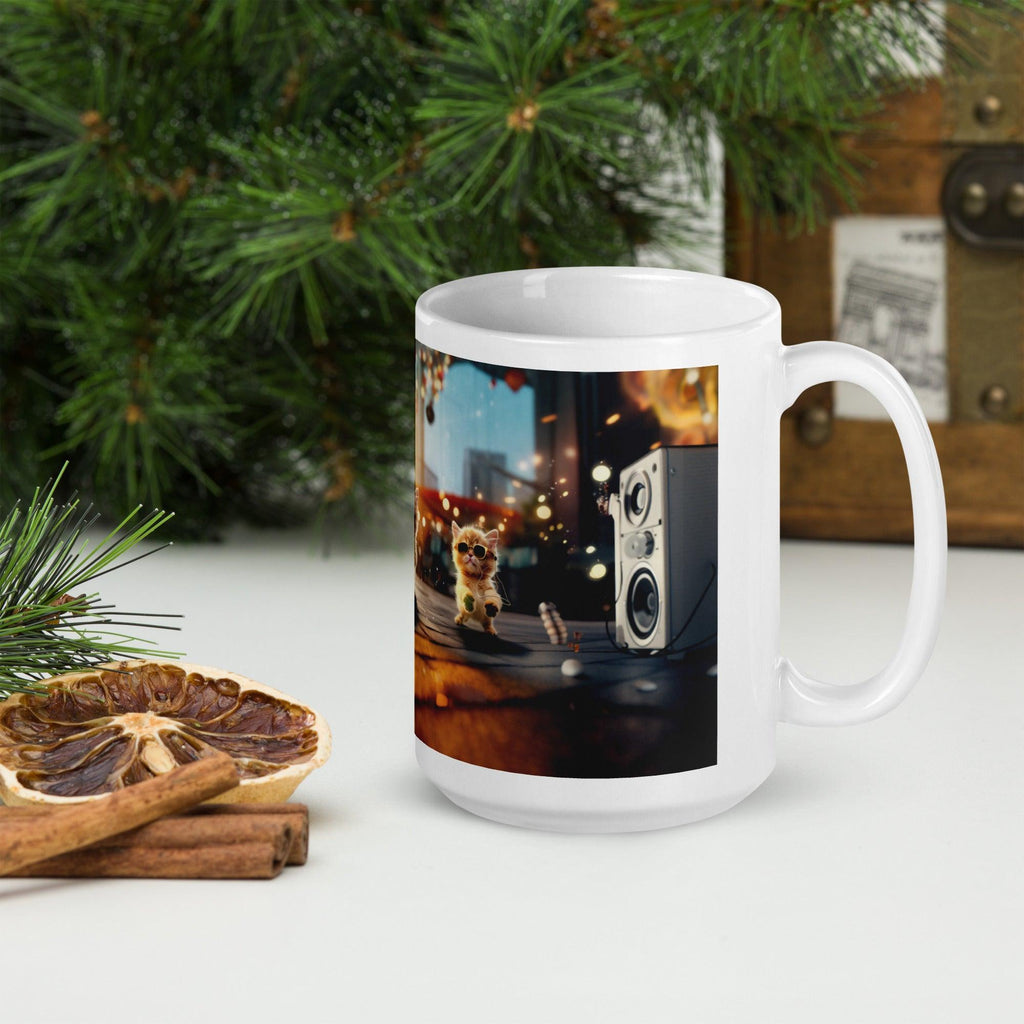 White glossy mug - "City Groove & Uncle Paws" - Cat Factory Au