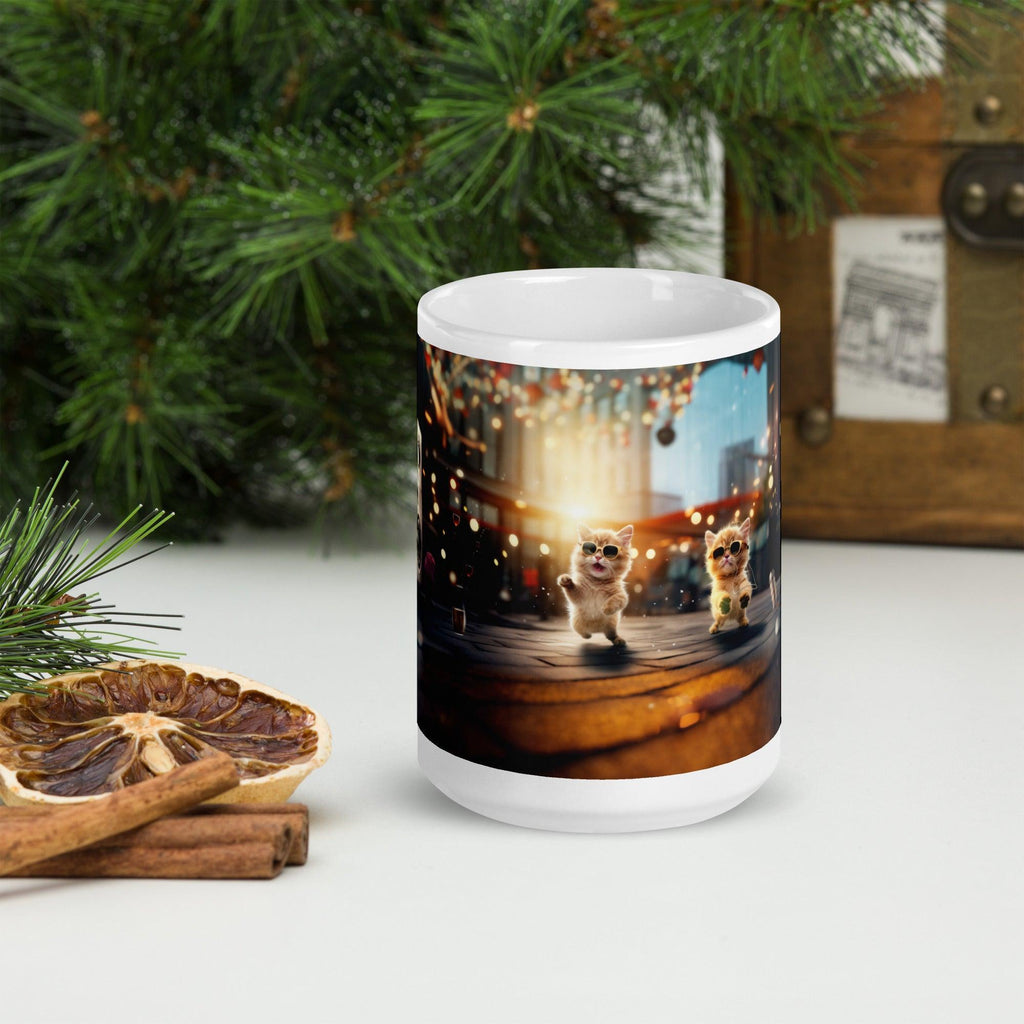 White glossy mug - "City Groove & Uncle Paws" - Cat Factory Au